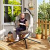 Outsunny Hanging Egg Chair, Folding Texteline Swing Hammock with Side Pocket, Cushion and Stand for Indoor Outdoor, Patio Garden Furniture, Khaki