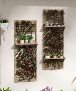 Outsunny Wall Mounted Plant Stands Set of 2, Fir Wood Flower Stand with Shelves and Slatted Trellis for Patio, Balcony, Porch