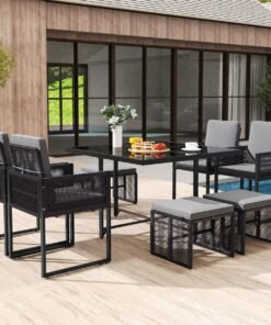 9 Pieces Patio Dining Set with PE Rattan Chairs and Tempered Glass Table-Grey