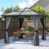Outsunny 3 x 3(m) Hardtop Gazebo Canopy with Polycarbonate Roof, Aluminium Frame, Permanent Pavilion Garden Gazebo with Netting and Curtains for Patio, Deck, Dark Grey