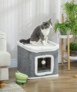 PawHut Cat House for Indoor Kittens, 2-Level Cat Cave Bed with Fluffy Balls, Top Bed, Kitten Barrel for Multi Kitties, Grey