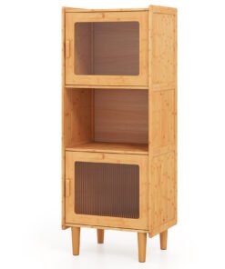 3-Cube Bamboo Cabinet with Open Compartment and 2 Acrylic Doors-Natural