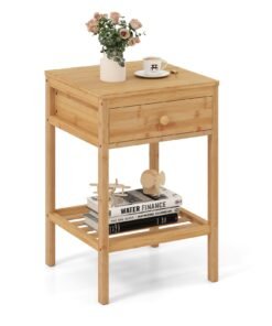 Bamboo Nightstand Bedside Table with Drawer and Open Storage Shelf-Natural