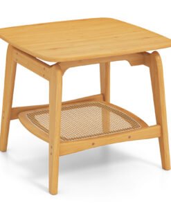 Bamboo Sofa Side Table with Faux Rattan Storage Shelf-Natural