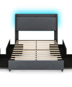 Double/King Size Bed Frame with LED Lights and Charging Station-King Size