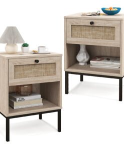 Set of 2 Boho Style Nightstand with Rattan Drawer and Open Shelf-Oak
