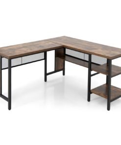 150 x 140 x 75cm Large Corner L-Shaped Computer Desk with 3 Storage Shelves-Rustic Brown