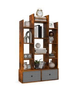 12-Tier Wooden Bookshelf with Folding Drawer for Study Living Room-Brown