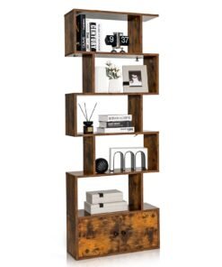 Industrial S-Shaped 5-tier Bookcase with Cabinet-Rustic Brown
