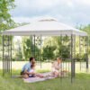 Outsunny 3 x 3m Outdoor Steel Gazebo with 2 Tier Roof, Garden Gazebo Patio Canopy Marquee Shelter with Decorative Steel Frame - Cream