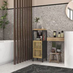 HOMCOM Bamboo-Blend Retro Cut-Out Bathroom Storage Unit, with Cupboard