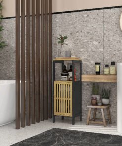 HOMCOM Bamboo-Blend Retro Cut-Out Bathroom Storage Unit, with Cupboard