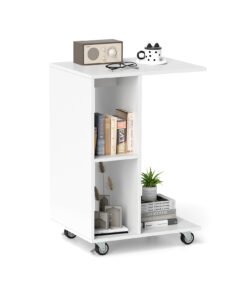 C-Shaped End Table Narrow Side Table with Storage Shelves-White