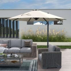 Outsunny Round Umbrella Parasol W/ Tilt 360? Rotation and Hand Crank Cross Base-Beige