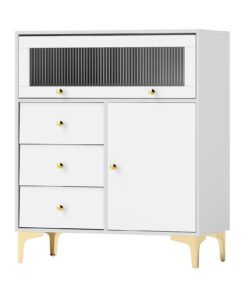 Chest of Drawers with Flip Up Fluted Glass Door and Pull-out Drawers-Grey