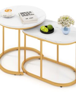 Coffee Table Set of 2 Modern Side Tables with White Faux Marble Top-White