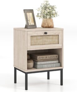 Boho Style Nightstand with Rattan Drawer and Open Shelf-Oak