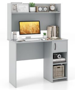 Computer Desk with Hutch and 2 Open Shelves-Grey