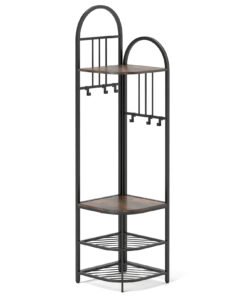 Corner Hall Tree 4-Tier Coat Rack with Storage Bench and Hooks-Rustic Brown