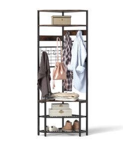 Corner Hall Tree 5-Tier Coat Rack with Shoe Storage Bench-Rustic Brown
