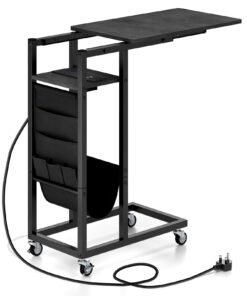 C-shaped End Table Rolling with Charging Station and Retractable Tabletop-Black