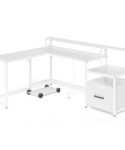 L-shaped Desk with Power Outlet and File Drawer-White