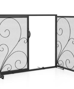 Double Door Fireplace Screen Flat Fire Guard with Magnetic Panels-Black