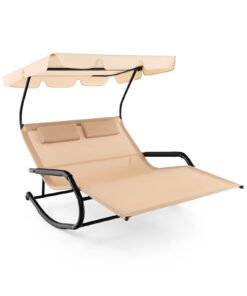 Patio 2-Person Rocking Sun Lounger with Sun Shade and Wheels-Beige