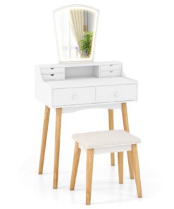 Dressing Table and Chair Set with 3 Lighting Modes and Natural Pine Wood Legs-White