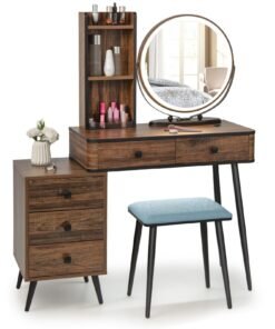 Vanity Table Set with 3-Colour Round Mirror and Charging Station-Brown