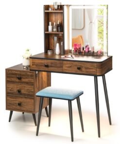 Vanity Table Set with 3-Color LED Lights Mirror and Charging Station-Brown