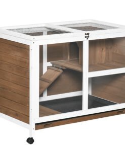 PawHut Wooden Rabbit Hutch, Bunny Cage w/ Tray, Ramp, Openable Roof, Wheels, 91.5 x 53.3 x 73cm - Brown