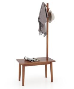 Solid Wood Coat Tree with 2-in-1 Side Table and 3 Hooks for Hats Bags Coats-Coffee