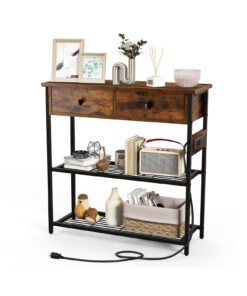 Entryway Narrow Console Table with Charging Station-Rustic Brown