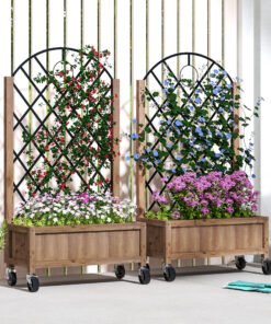 Outsunny Wooden Planter, with Metal Trellis - Brown/Black