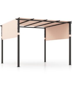 305 x 305 cm Flat Top Pergola with Retractable Canopy and Heavy-duty Metal Frame-Beige