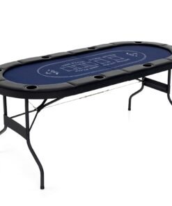 Foldable Poker Table for 8 Players Portable Oval Card Board with Cup Holders-Blue