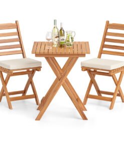 3 Pieces Outdoor Acacia Wood Bistro Set with Seat Cushions and High Back-Horizontal-Slatted Back
