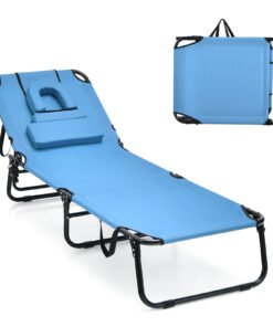 Folding Chaise Lounge Chair with Face Hole and Removable Pillows-Blue