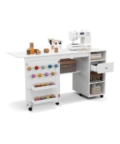 Folding Sewing Table with Storage Shelves and Trays-White