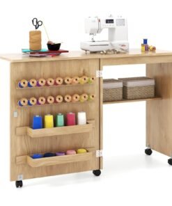 Folding Sewing Table with Storage Shelf and 5 Lockable Wheels-Natural