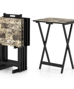 4 Pieces Folding TV Dinner Rectangular Snack Table with Storage Rack-Black