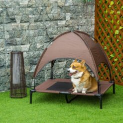 PawHut Raised Dog Bed Waterproof Elevated Pet Cot with Breathable Mesh UV Protection Canopy Brown, for Large Dogs, 92 x 76 x 90cm