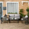 Outsunny 4 Piece Metal Garden Furniture Set with Tempered Glass Coffee Table, Texteline Pocket, Outdoor Set Loveseat Single Armchairs with Padded Cushions, Light Grey