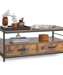 Coffee Table with Storage Drawers and Shelf-Rustic Brown