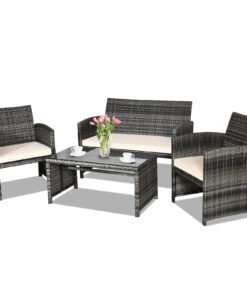 4 Pieces Patio Furniture Set with Cushions and Coffee Table-White