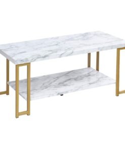 2-Tier Marble Print Coffee Table with MDF Top and Gold Print Metal Frame