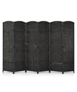6 Panel Folding Room Divider with Hand-Woven Wicker for Home Office-Black