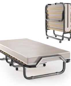 Folding Bed with 10cm Memory Foam Mattress and Wheels-White