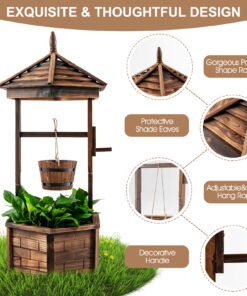 Patio Wooden Wishing Well Hexagonal Bucket Flower Plants-Brown